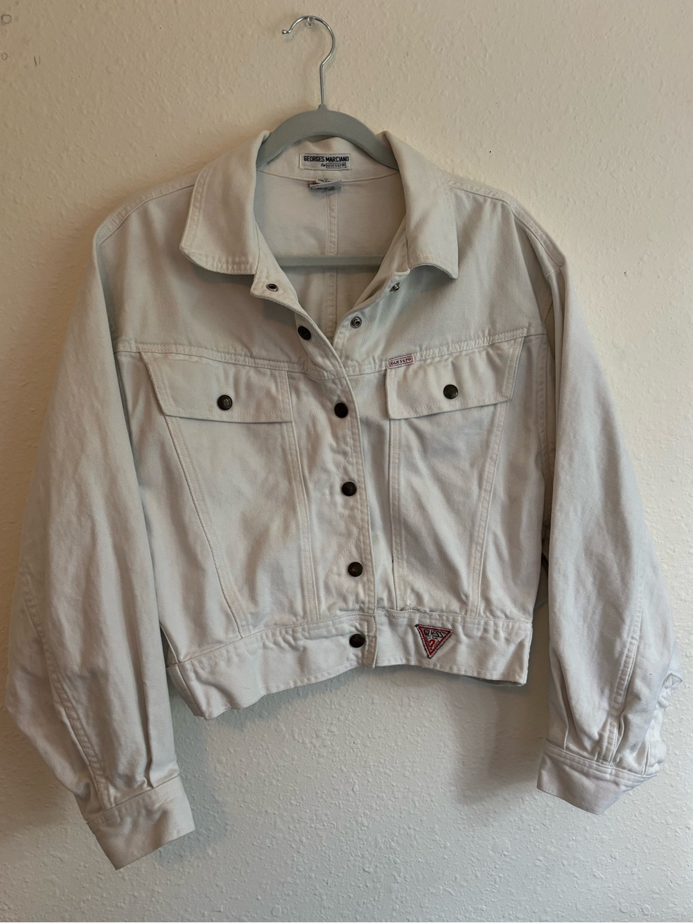 Guess White Cropped Denim Jacket with Logo Patch